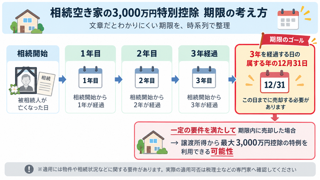 相続開始から1年目、2年目、3年経過を経て、「3年を経過する日の属する年の12月31日」までの流れを示したタイムライン。