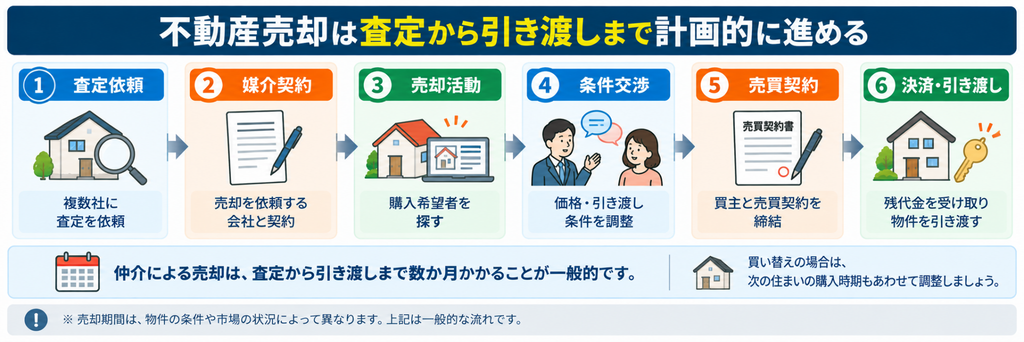 不動産売却の査定依頼、媒介契約、販売活動、条件交渉、売買契約、決済と引き渡しまでの6段階を示した流れ図